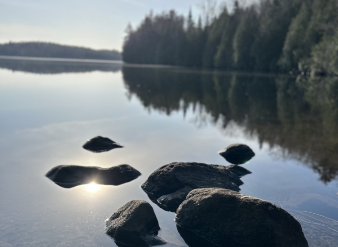 Gros plan sur de magnifiques rochers émergeant du Lac-des-Îles avec vue sur la forêt