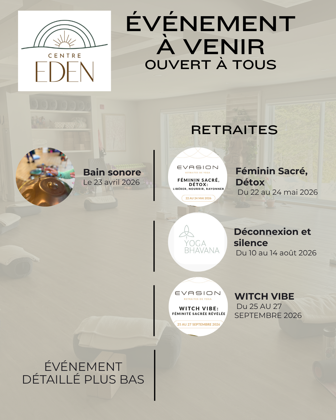 calendrier pour retraite de yoga et atelier au centre Eden dans les laurentides